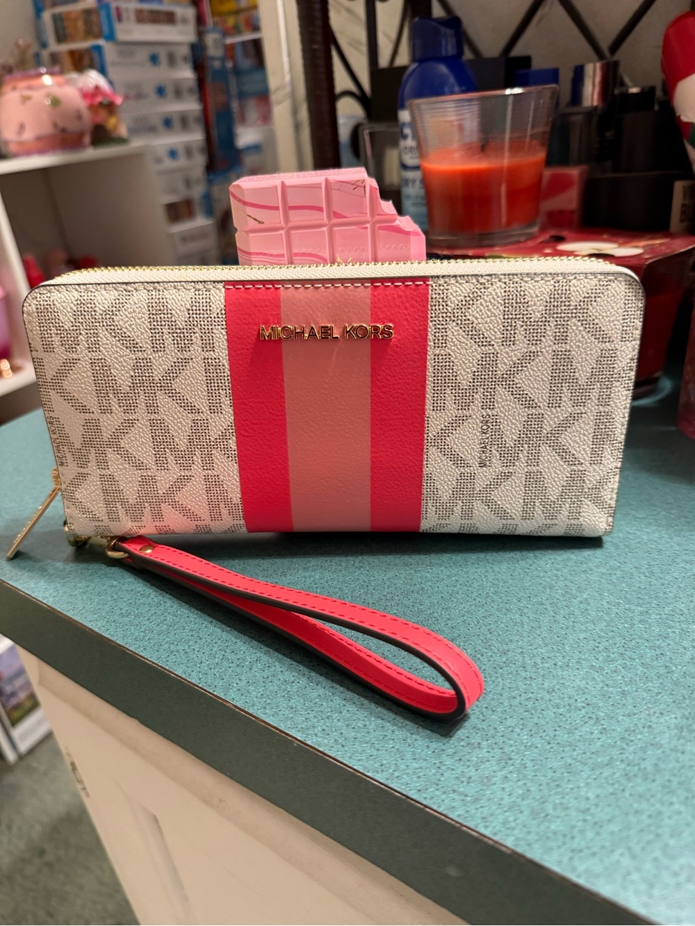 Michael Kors Signature Zip-Around Wristlet Wallet in Pink Stripe